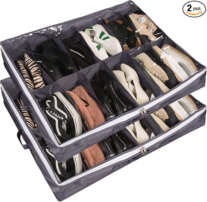 Surblue Under Bed Shoe Organizer Storage Bag with Transparent Skylight and Zippered,24 Pairs,Darkgray 2 PCS