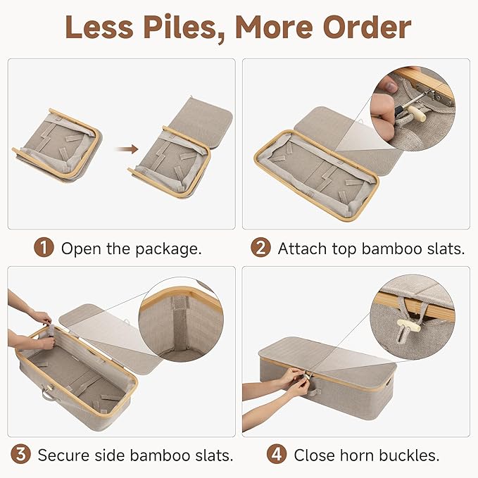 StorageWorks 2-Pack Underbed Storage Box with Bamboo Frame, 42L Flip-Top Under Bed Container for Blankets, Bed Sheets, Coverlets and Towels, Taupe