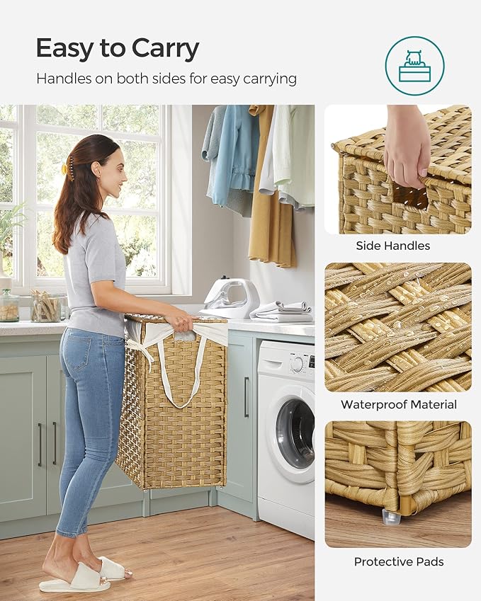 SONGMICS Laundry Hamper with Lid, 130L Clothes Hamper with 2 Removable Liner Bags, 6 Mesh Bags, Wicker Laundry Basket, Double Laundry Hamper for Bathroom, 13 x 26 x 23.6 Inches, Natural ULCB253N01