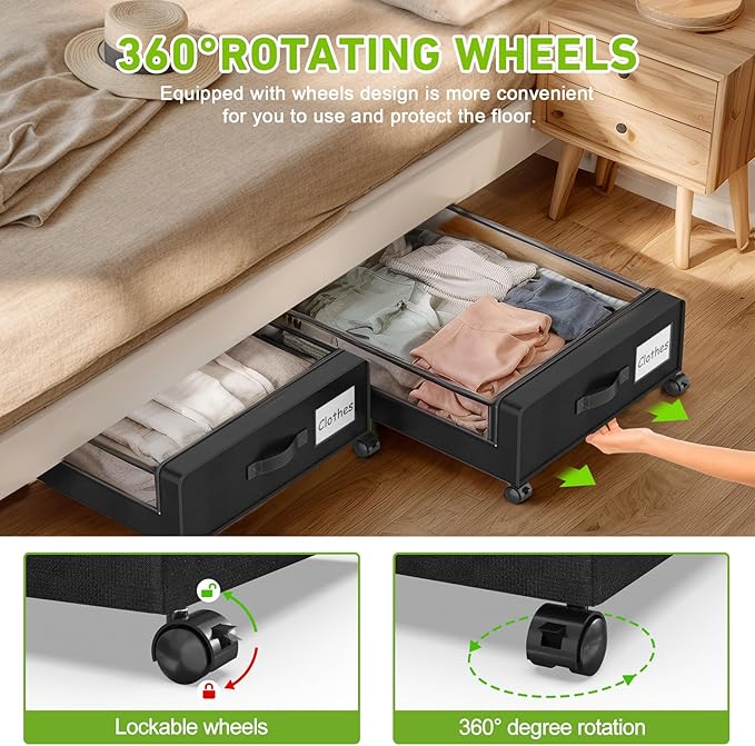 Under Bed Storage with Wheels, 4-Pack Underbed Storage Containers with Clear Lids, Under Bed Shoe Storage Organizer, Rolling Under Bed Storage for Clothes Shoes Blankets (Black)