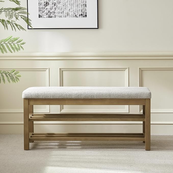 VKNOW Entryway Bench, 44.3” Upholstered Shoe Bench for Bedroom, 2-Tier Storage End of Bed Bench with Rubberwood Legs for Living Room, Hallway, Beige