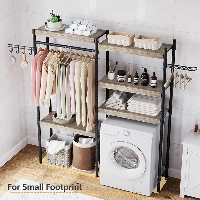5-Tier Wood Over The Washer and Dryer Storage Shelf- Laundry Room Organization Space Saving Laundry Drying Clothes Racks Heavy Duty Adjustable Height Bathroom Shelf for Home Decor 65"L*12"D*74"H