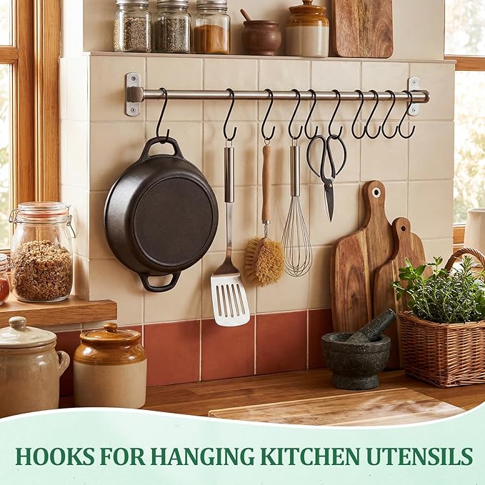 36 Pack 6 Inch Black S Hooks for Hanging Pots and Pans, Vinyl Coated Metal Kitchen Pot Rack Hooks Heavy Duty Hangers for Closet Jeans Utensils Coffee Mugs Plants