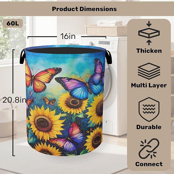 Butterfly Sunflower Laundry Basket, Heavy Duty 60L Dirty Clothes Hamper, Water Resistant Foldable Hamper for Girls Women