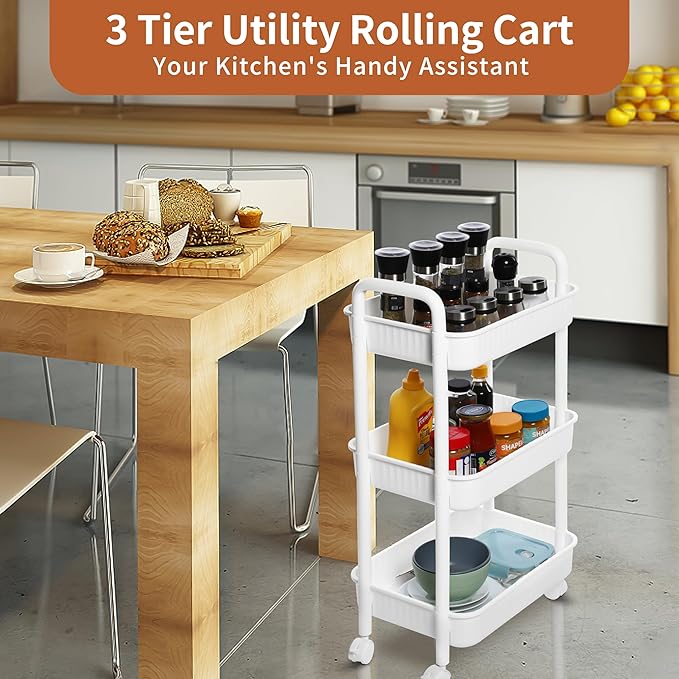 YSSOA Rolling Storage Cart, 3 Tier Slim Mobile Shelving Unit 360° Rotating Wheel Lockable Utility Cart, Ideal for Office, Kitchen, Bathroom, Laundry and Narrow Spaces, White