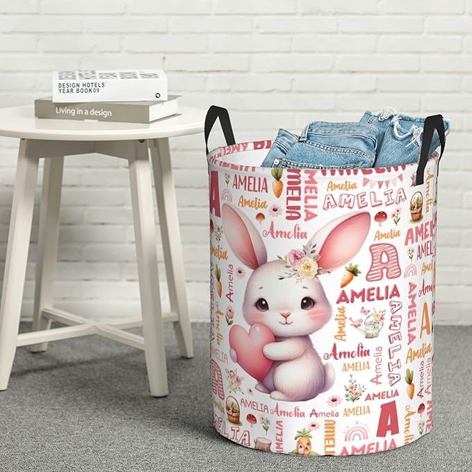 Personalized Bunny Laundry Basket For Baby Kids Boys Girls Adult Custom Hamper Basket With Name For Bathroom Bedrooms Collapsible Baby Laundry Basket, Dirty Clothes Hamper With Handles