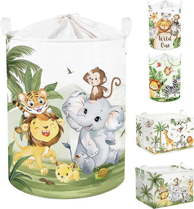 Clastyle 63L Large Rainforest Animals Kid Laundry Hamper with Handle Boy Girl Bedroom Bathroom Nursery Clothes Toy Storage Basket with Lid
