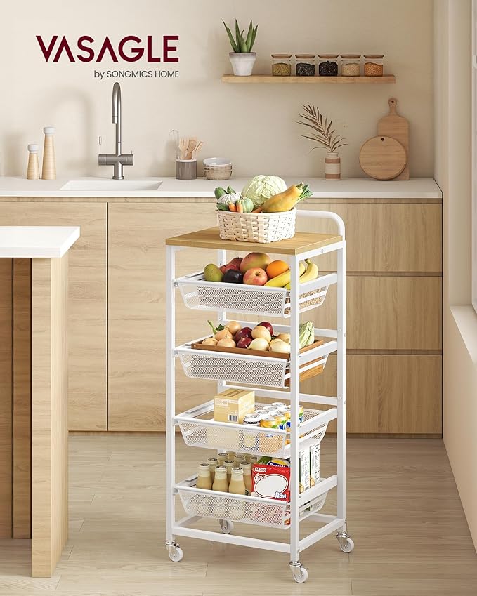 VASAGLE Kitchen Storage Cart with Pull-Out Baskets, 5-Tier Rolling Utility Cart with Wheels for Snacks, Handle, 12.5 x 15.8 x 37.4 Inches, Golden Oak and Matte White ULRC041YA01