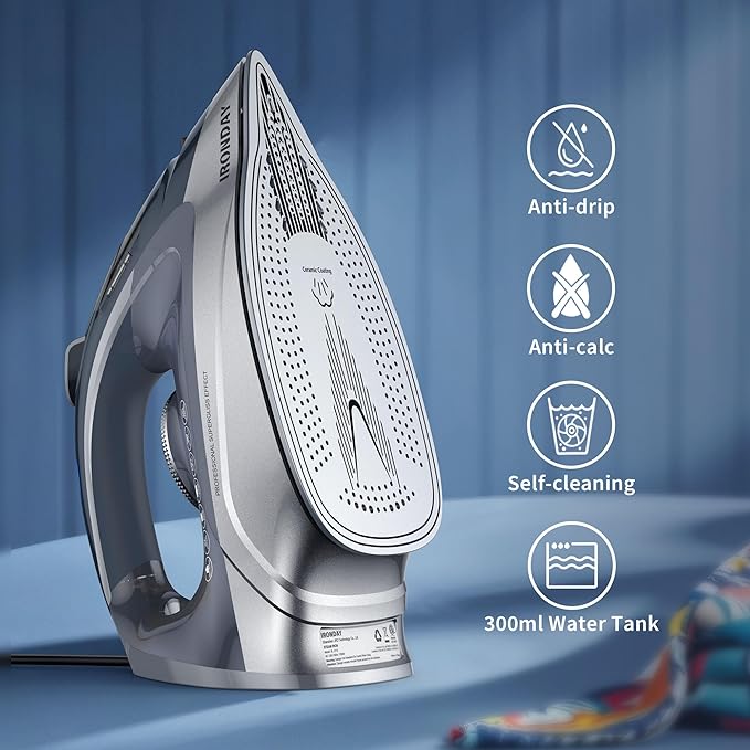 1700W Steam Iron for Clothes 20s Fast Heat-up, Iron with 10.14oz Water Tank, Non-Stick Ceramic Soleplate, Auto-Off, Spray Mist & Steam Burst, Ironing Clothes for Home