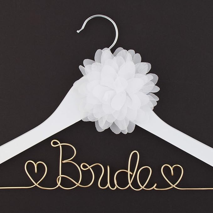 Ella Celebration Bride to Be Wedding Dress Hanger Wooden and Wire Hangers for Brides Gowns, Dresses (White with Light Gold)