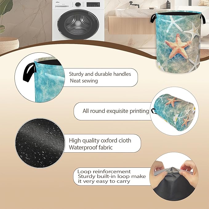 Laundry Hamper,Sea Starfish Laundry Basket,Beach Flowers Portable Collapsible Laundry Room Organization Storage for Dorm Room,Nursery,Bathroom,Bedroom,16x20 Inch