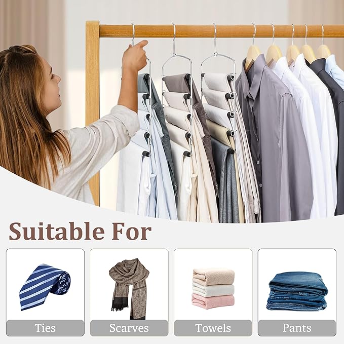 SINDAX Pants Hangers Space Saving - 4Pack, 5 Layers Space Saving Hangers, Sturdy Stainless Steel Pant Rack with Anti-Slip Swing Arm, Closet Organizers and Storage for Trousers Jeans
