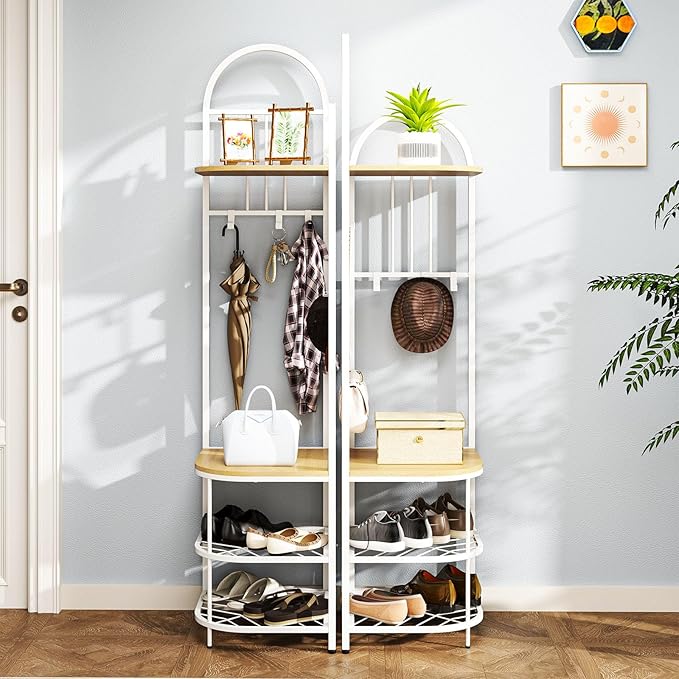 Tangkula Corner Hall Tree, 71 Inch Tall Entryway Coat Rack with Shoe Bench & 4 Storage Shelves, 6 Movable Hooks, Freestanding Metal Corner Clothes Rack for Bedroom Hallway Living Room