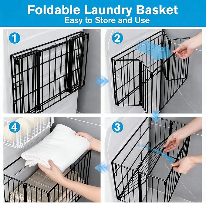 Magnetic Collapsible Laundry Basket, Foldable Metal Laundry Hamper for Washing Machine Side, Space Saving Pop Up Hamper, Laundry Room Organization and Storage (Black)