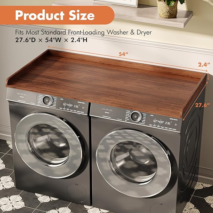 Premium Washer Dryer Countertop with Anti-Slip Pad, 54inch Laundry Room Organization Set, Stackable Storage Solution with Silicone Ironing Mat, Diatomite Mat(Brown)