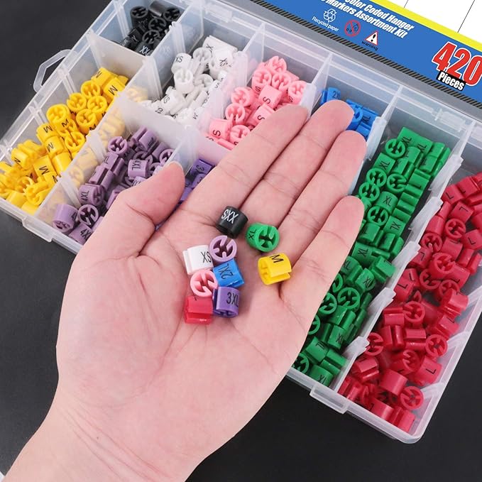 Glarks 420Pcs 9 Colors『XXS - 4XL』Colored Hanger Sizer Garment Size Markers Color Coded Size Clips Assortment Set Fit for 2-4mm Hanger Hook Used for Wire Hangers