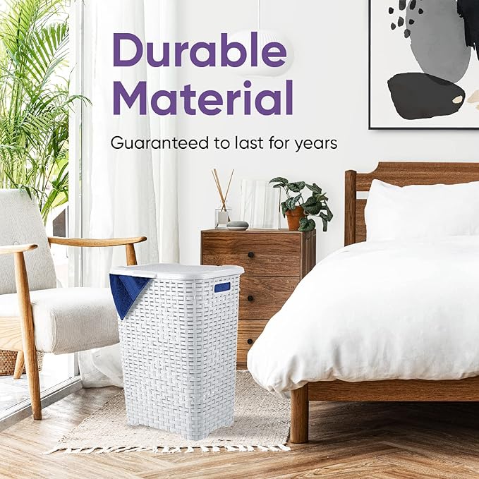 Plastic Laundry Hamper with Lid Laundry Hamper Basket, White Smoke 2 Pack Tall Cloths Hamper Organizer with Cut-out Handles. Space Saving for Laundry Room Bedroom Bathroom, Wicker Design 60 Liter
