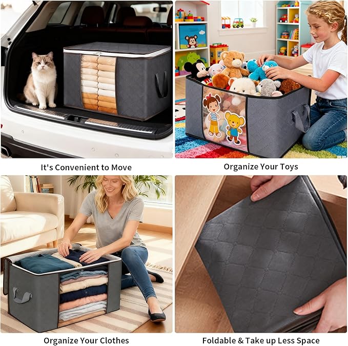90L Extra Large Clothes Storage Bags, 6 Pack Blanket & Clothing Storage Bins, Foldable Closet Organizers with Clear Window and Reinforced Handles for Clothing, Blankets, Bed Sheets and Pillows