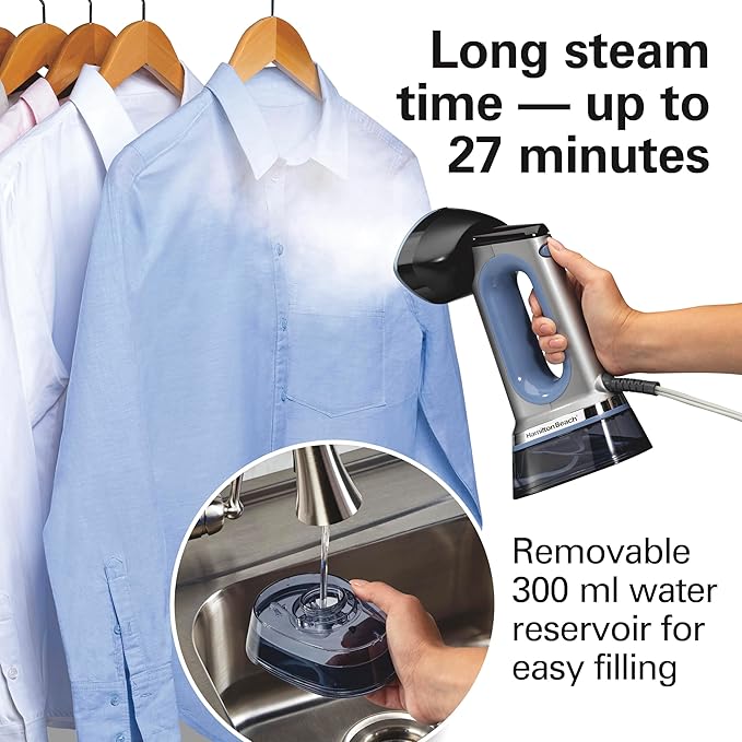 Hamilton Beach Durathon 3-in-1 Handheld Garment Steamer for Clothes & Steam Iron, 45 Second Heat-Up with 1700 Watts, 300ml Removable Water Tank, 27 Minutes of Steam, Auto Shutoff, Gray & Blue (11559)