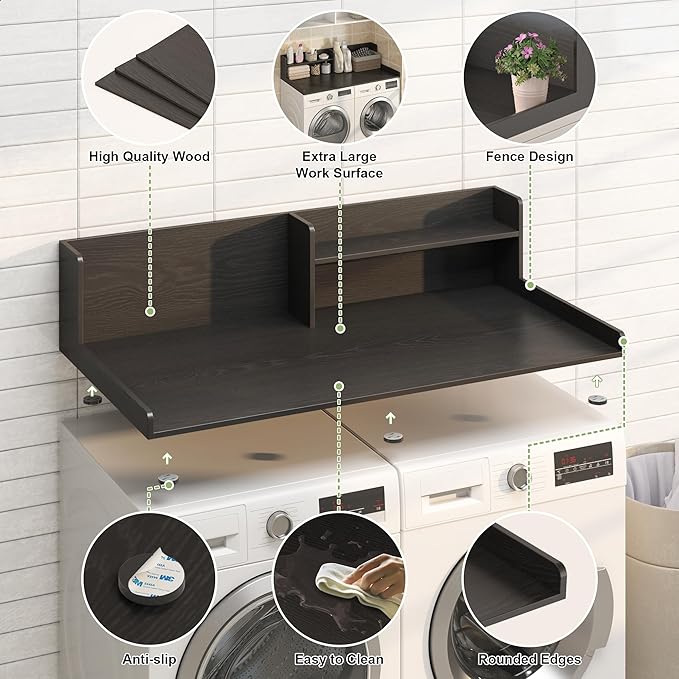 Washer Dryer Countertop, White - 2-Tier Wood 54" x 27.5" Laundry Topper with Safety Guard & Non-Slip Pads, Over The Washer Dryer Folding Shelf for Maximum Space Saving (Black)