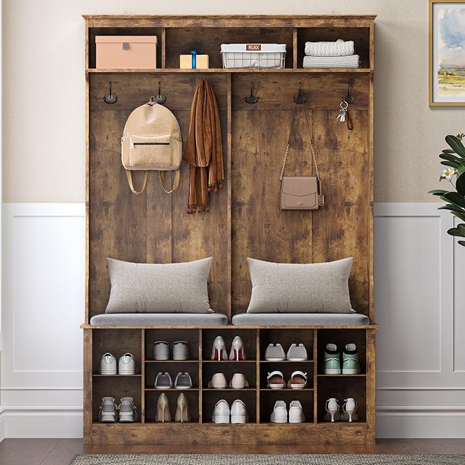Hall Tree with Bench and Shoe Storage, 53" Farmhouse 4-in-1 Mudroom Storage Organizer with Coat Rack, 6 Hooks, 12 Shoe Cubbies, Adjustable Shelf, for Entryway, Hallway, Living Room, Brown
