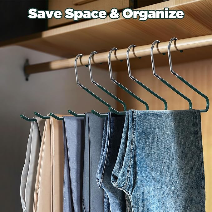 IPOW 4MM Heavy Duty Metal Pants Hangers, 24 Pack Jean Hangers for Closet, Open Ended Clothes Hanger for Pant Slack Trouser Scarf, Space Saving, Non Slip, Dark Green