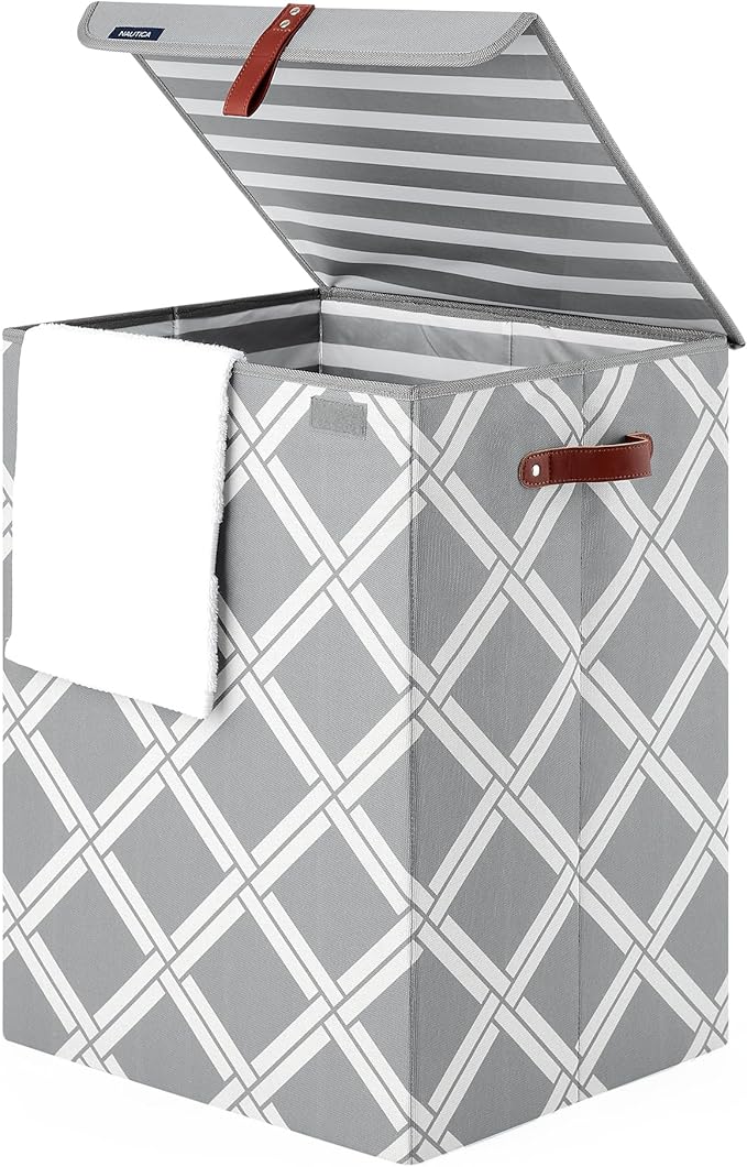 Nautica - Laundry Basket, Foldable Hamper & Storage Bin with Lid, Closet Organizers, Home Essentials (Grey Box Weave)