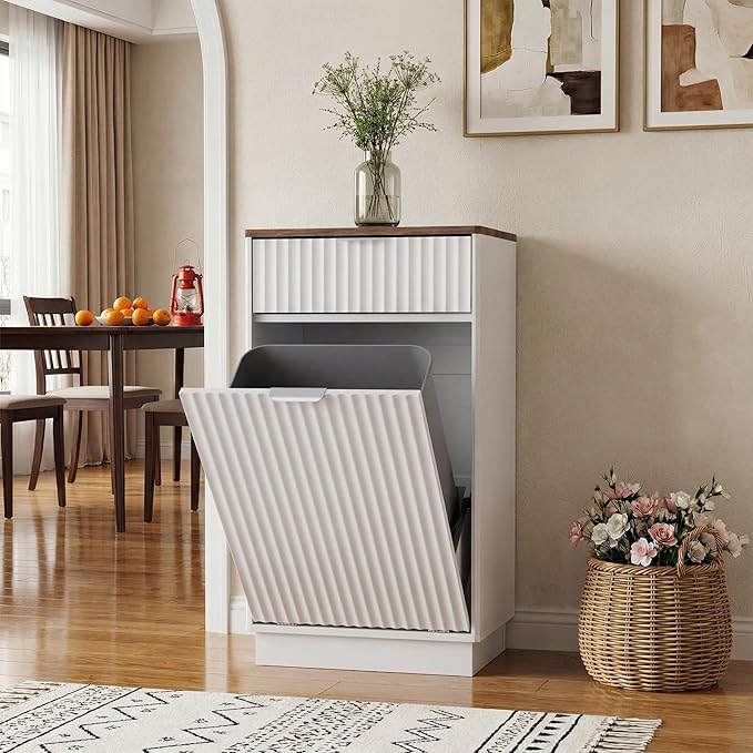 Tilt-Out Trash Cabinet, White Laundry Hamper Cabinet with Black Top, 34.3 x 19 x 13.8 inches, 10 Gallon Capacity, Wave-Textured Front, Storage Drawer.