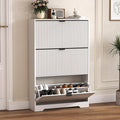 Shoe Cabinet Storage for Entryway with 3 Flip Drawers, White Fluted Shoe Cabinet with Adjustable Shelves, Wooden Hidden Shoe Rack Freestanding Narrow Slim Shoes Storage for Hallway, Entrance