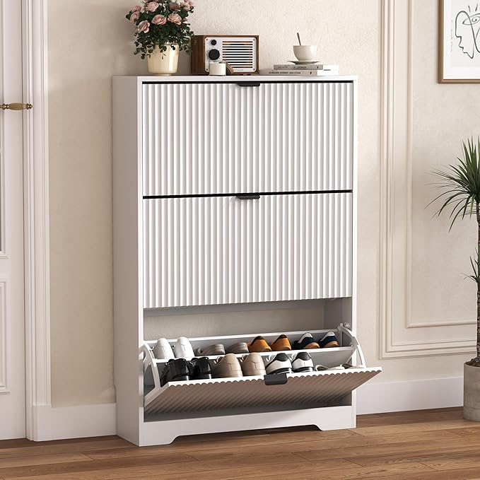 Shoe Cabinet Storage for Entryway with 3 Flip Drawers, White Fluted Shoe Cabinet with Adjustable Shelves, Wooden Hidden Shoe Rack Freestanding Narrow Slim Shoes Storage for Hallway, Entrance