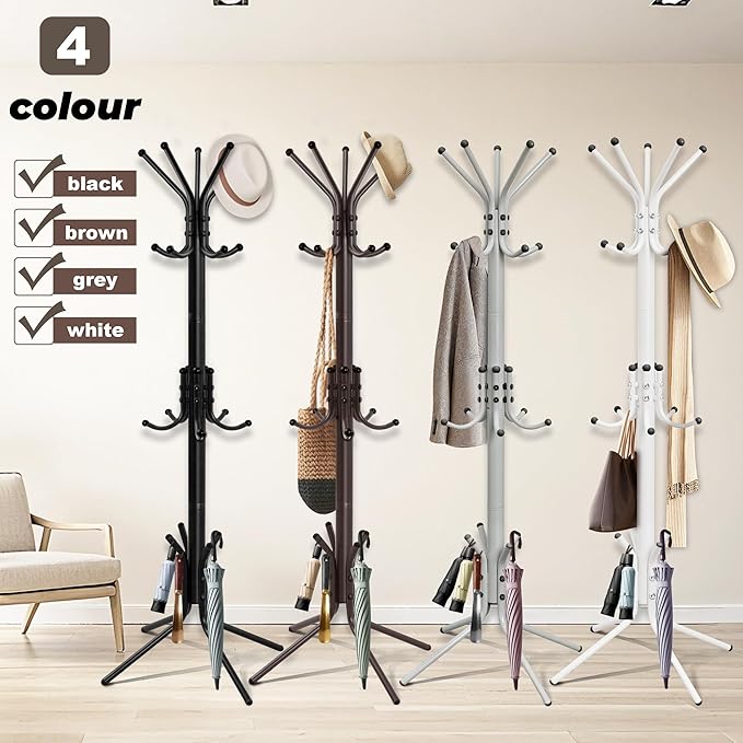 Metal Coat Rack, Freestanding Coat Tree & Hall Tree with 15 Hooks, Sturdy Coat Rack Stand and Hat Rack, Coat Hanger for Entryway, Bedroom, Office for Jackets, Hats, Bags,Brown