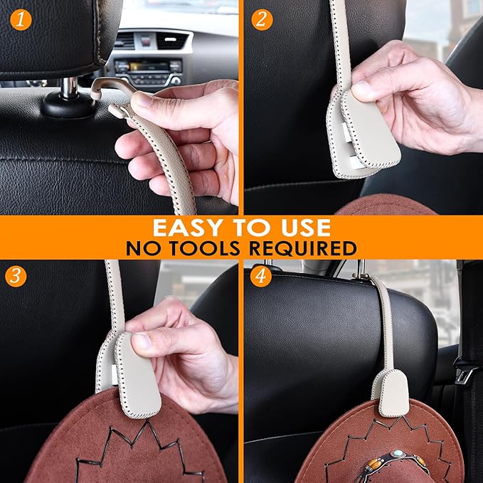 Hat Clip - Hat Holder for Car, Strong Grip Space-saving Hat Clips for Headrest, Leather Hat Organizer Accessories for Women/Family, Beige-1 Pack