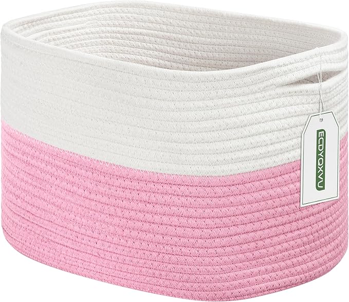 Cotton Rope Shelf Storage Basket, 15x10x9 in, Shelf Storage Baskets for Clothes, Towels, Books, Laundry (White/Pink, 1 Pack)