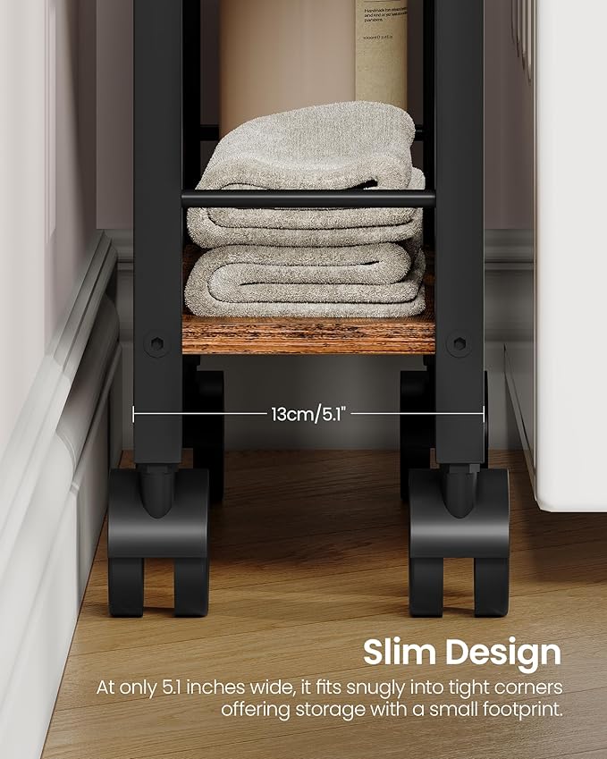 4-Tier Slim Storage Cart, 5.1'' Kitchen Serving Trolley, Slim Rolling Cart with Handle and Guard Rails, Slim Cabinet for Small Spaces, for Dining Room, Rustic Brown and Black TTC01BF