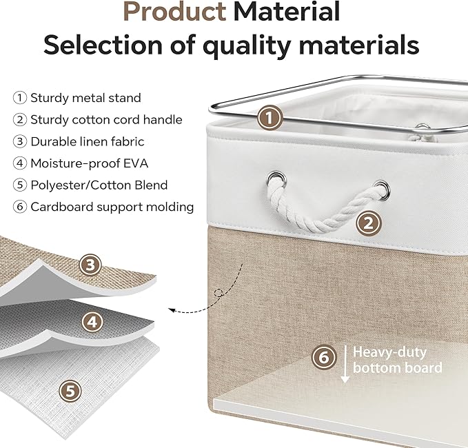 13x13 Inch Cube Storage Bins with Reinforced Bottom Cardboard, 6 Pack Large Foldable Fabric Storage Cubes with Handles for Shelf, Closet, Laundry Organization (White&Khaki)