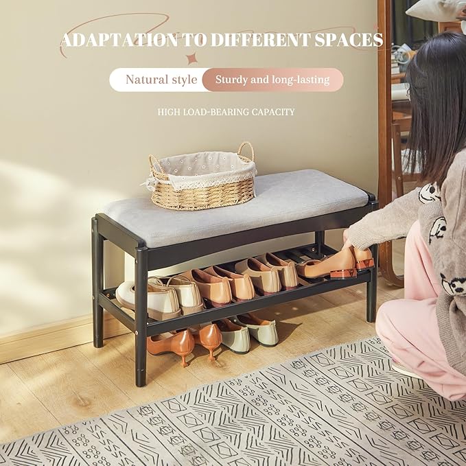 Shoe Bench Entryway Bamboo 2-Tier Shoe Rack with Cushion Padded Seat Shoe Bench Organizer Stable for Hallway, Living Room, Bedroom(31.5 * 11.4 * 16.5IN, Black-Gray)
