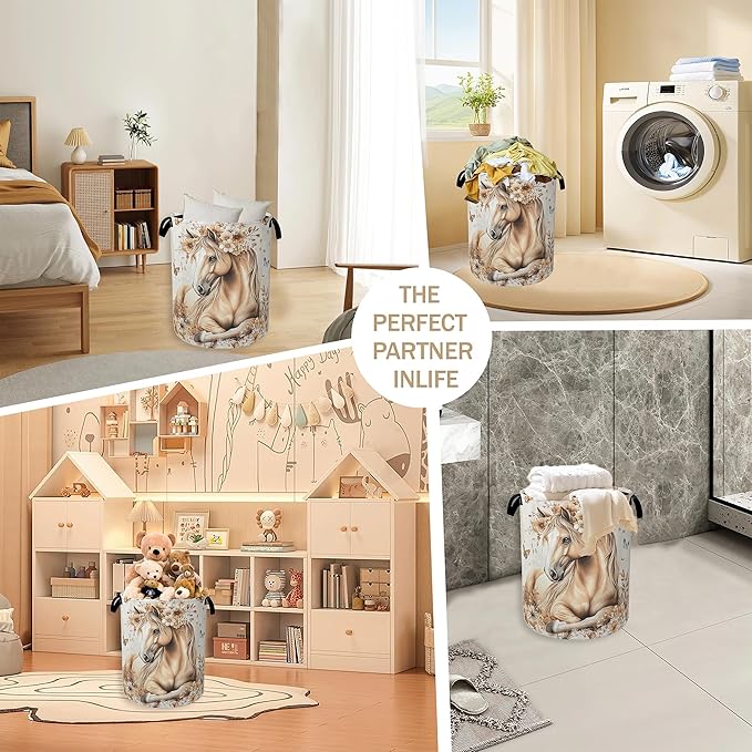 Horse Laundry Basket,Gold Flower Butterfly Clothes Hamper,Oxford Cloth Collapsible Nursery Hamper Storage Organization for Bedroom,Bathroom,Office,College Dorms,16x20 Inch