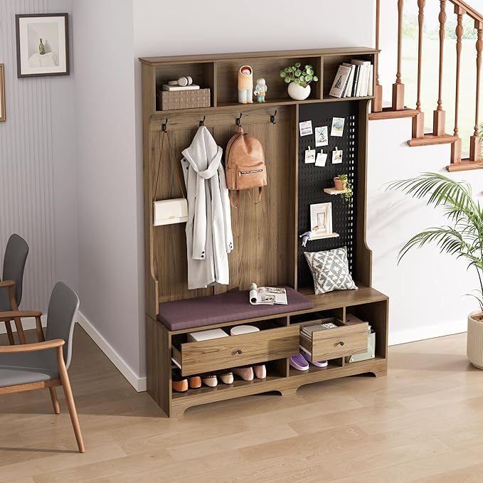 All-in-One Design Hall Tree with Removable Linen Cushioned, Entryway Bench, Coat Rack, Storage Shelves, DIY Pegboard, 4 Hooks, Multi-Purpose Hall Tree for Hallways Living Room