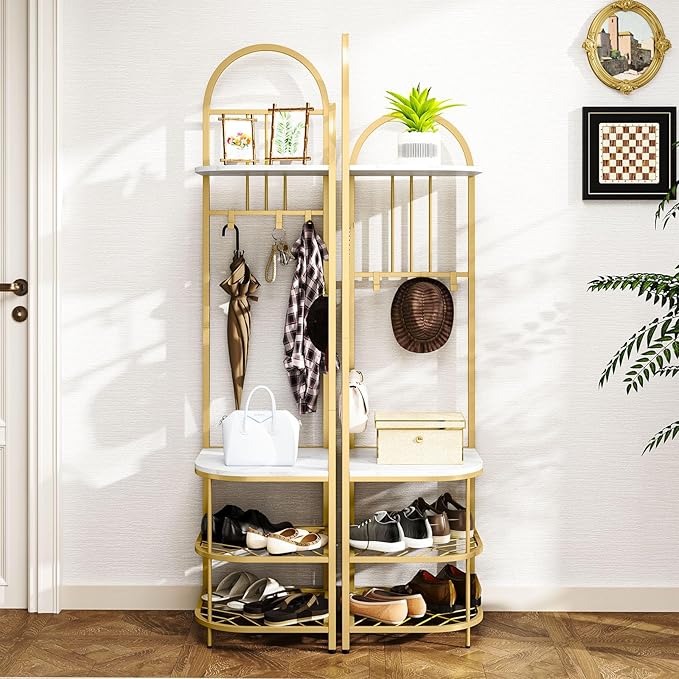 Tangkula Corner Hall Tree, 71 Inch Tall Entryway Coat Rack with Shoe Bench & 4 Storage Shelves, 6 Movable Hooks, Freestanding Metal Corner Clothes Rack for Bedroom Hallway Living Room