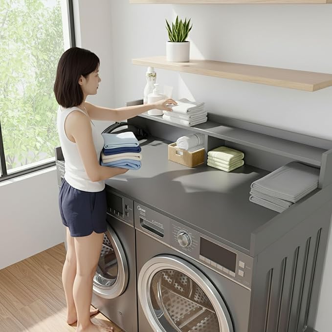 OfficeSimpli Large Washer Dryer Countertop with Shelf - 30 x 58 Inch - Made in USA Laundry Countertop Over Washer and Dryer with Non-Slip Pads, Storage Shelf, Laundry Topper Organizer, Grey