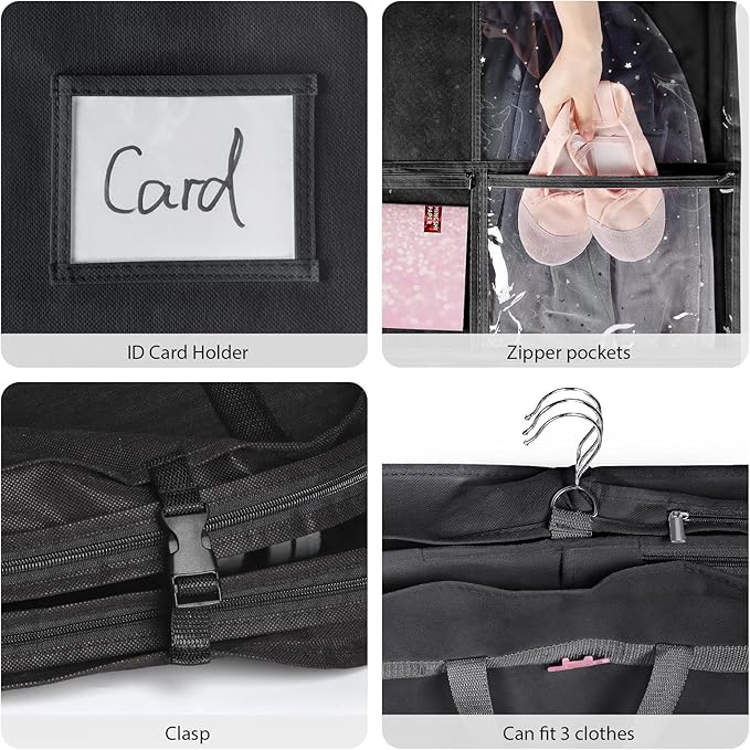 Univivi Dance Costume Garment Bag, 40 Inch Black Costume Bags For Dancers With 3 Medium Clear Zipper Pockets And 2 Back Zippered Pocket, 1 X Pendant, 3 X Badge For Competitions (2 Pack)