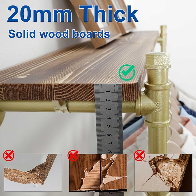 WEBI Wall Mounted Clothes Rack with Shelf,41.3" Industrial Pipe Clothing Rack with Shelf with Hanging Rod,Heavy Duty Iron Garment Rack Bar,Retail Display Clothes Rod for Laundry Room,Closet,Gold