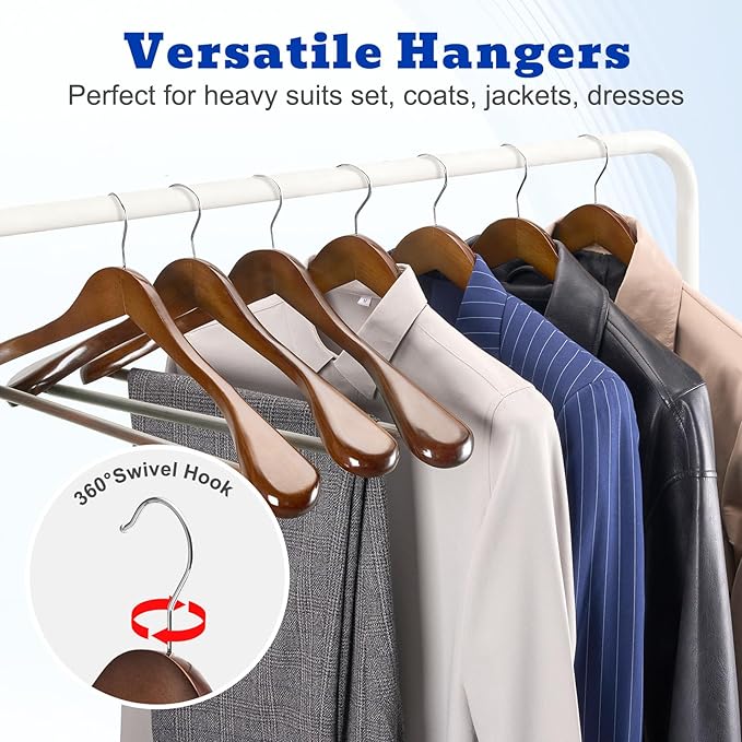 HOUSE DAY Wide Shoulder Wooden Hangers 12 Pack, Wood Suit Hangers for Men with Non Slip Pants Bar, Smooth Finish Solid Wood Coat Hanger for Jacket, Pants, Dress, Heavy Clothes Hanger (Walnut)