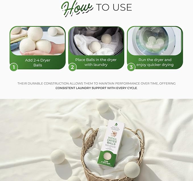 Pursonic Laundry Wool Dryer Balls – Reusable Dryer Balls Made from 100% Pure New Zealand Wool – Natural Fabric Softener Balls - Saves Drying Time/Energy Consumption (Pack of 3)