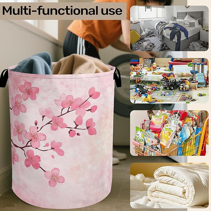 Pink Cherry Blossoms Laundry Basket - Extra Large Foldable Laundry Hamper for Bathroom/Laundry/Bedroom/Dorm, Washable Fabric Storage Bin with Handles
