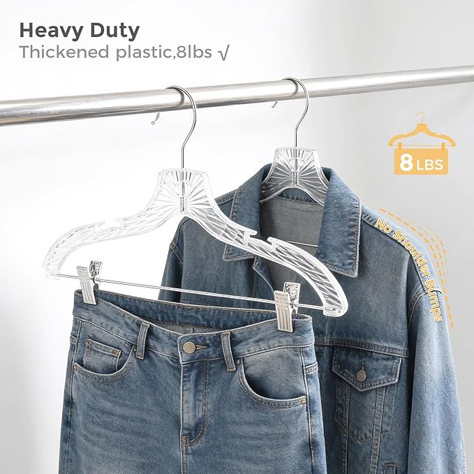 HOUSE DAY Clear Plastic Pants Hangers 25 Pack, Set Hanger for Tops and Bottoms, Non Slip Skirt Hangers with Adjustable Clips, Shoulder Notches, 360° Swivel Hook