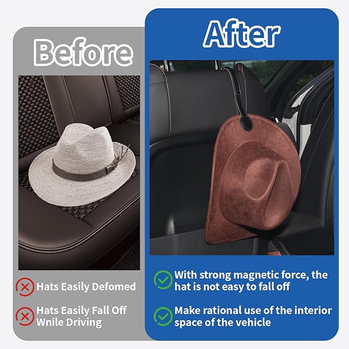 Magnetic Cowboy Hat Holder for Truck & Car – Leather Headrest Hanger Rack, Universal Hat Mount Organizer for SUV, Jeep & Western Vehicle Accessories, Strong Magnet Hat Keeper (Black, 2 Pack)