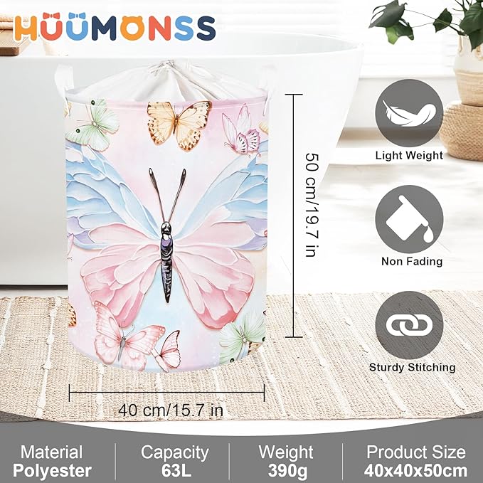3D Pastel Butterfly Baby Laundry Hamper Collapsible Clothes Kids Storage Basket Large Girls Gift Toy Box Bin for Bedroom, Colorful, 63L