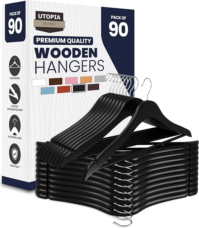 Utopia Home Premium Wooden Hangers 90 Pack - Durable & Slim Coat Hanger - Suit Hanger with 360-Degree Rotatable Hook - Wood Hangers with Shoulder Grooves (Black Color)