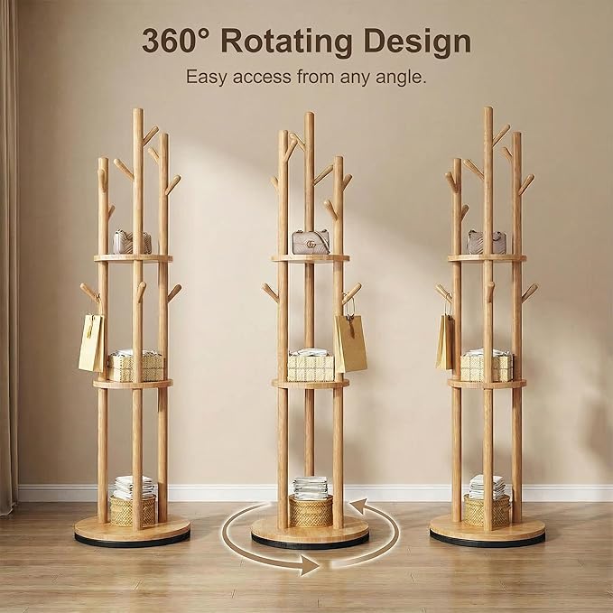 Rotating Solid Wood Coat Rack with 3 Storage Shelves, 360° Swivel Freestanding Entryway Coat Stand,Modern Space-Saving Organizer,Natural Wood